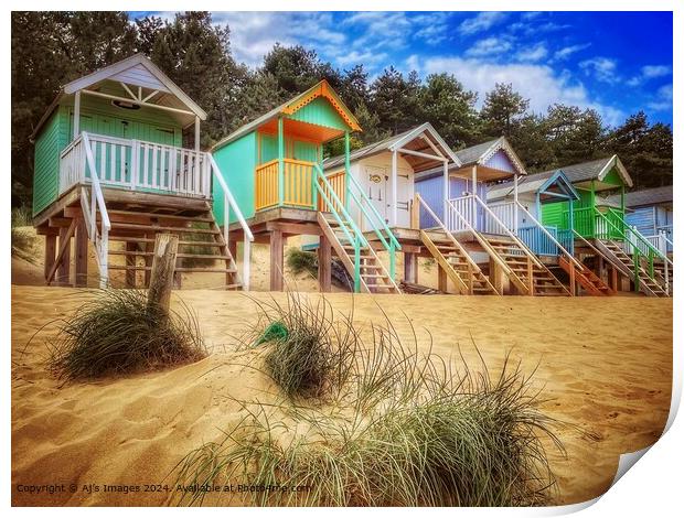 Wells-next-the-Sea, Beach Huts, Blue Sky Print by Aj’s Images