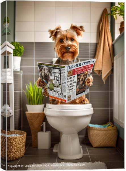 Yorkshire Terrier Dog on the Toilet Canvas Print by Craig Doogan