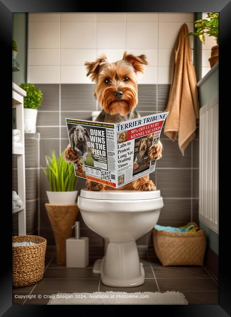 Yorkshire Terrier Dog on the Toilet Framed Print by Craig Doogan