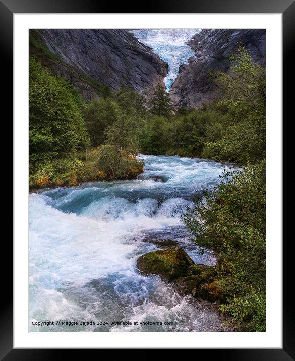 Briksdal Glacier Waterfall Norway Framed Mounted Print by Maggie Bajada