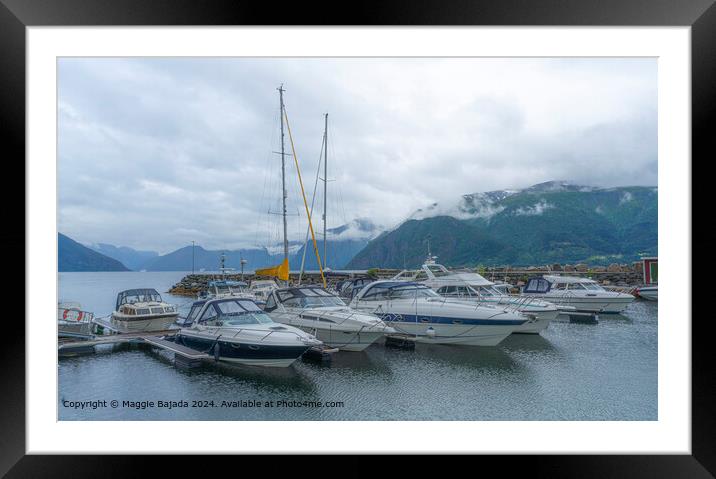 Boats and Mountains at Sognefjord, Norway Framed Mounted Print by Maggie Bajada