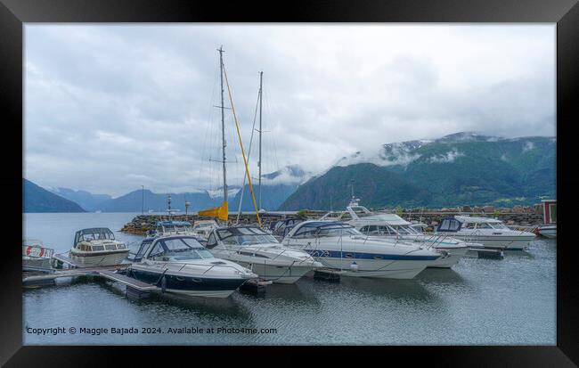 Boats and Mountains at Sognefjord, Norway Framed Print by Maggie Bajada