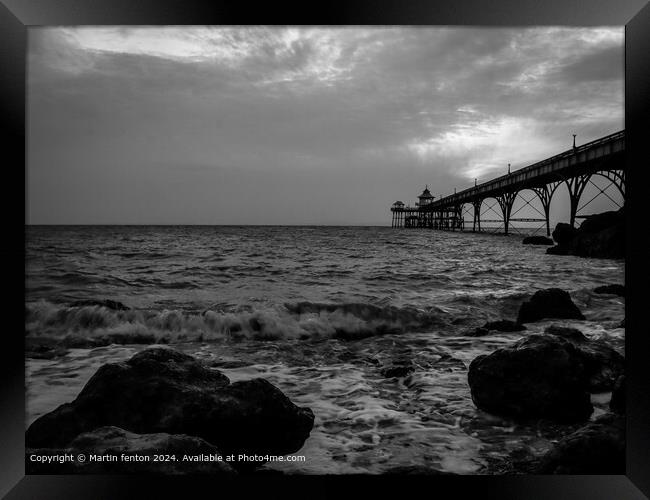 Clevedon Pier Black and White Seascape Framed Print by Martin fenton