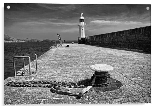 Mevagissey Lighthouse Black and White Acrylic by Darren Galpin