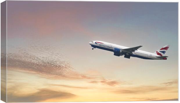 British Airways Boeing 777-236, Sunset Flight Canvas Print by kathy white