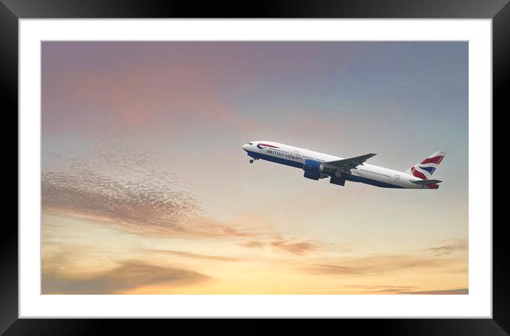 British Airways Boeing 777-236, Sunset Flight Framed Mounted Print by kathy white