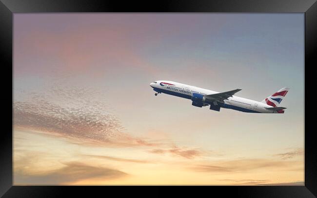 British Airways Boeing 777-236, Sunset Flight Framed Print by kathy white