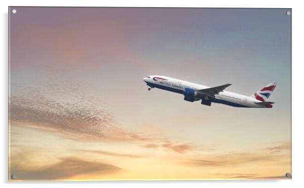 British Airways Boeing 777-236, Sunset Flight Acrylic by kathy white
