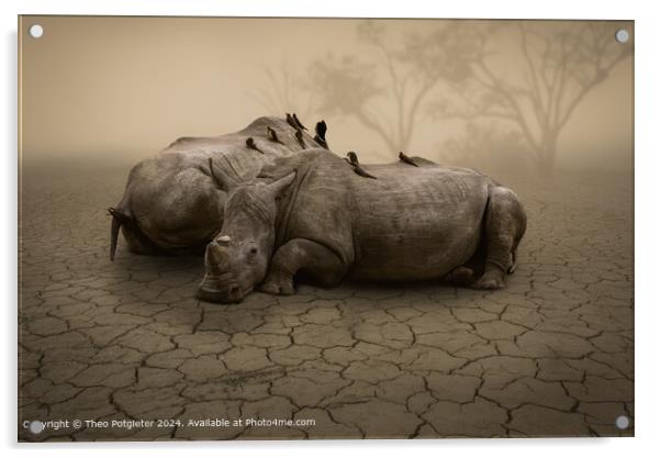 Rhino's waiting for the Rain Acrylic by Theo Potgieter