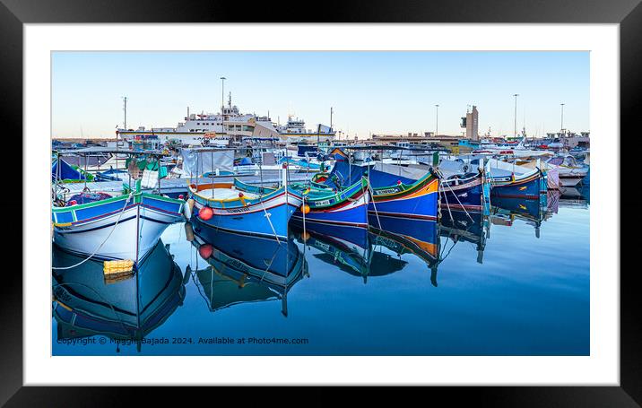 Colorful Boats with Reflection at Mgarr Harbour, Gozo, Malta.  Framed Mounted Print by Maggie Bajada