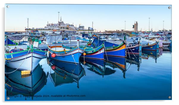 Colorful Boats with Reflection at Mgarr Harbour, Gozo, Malta.  Acrylic by Maggie Bajada