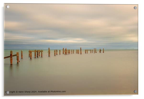 A fine art slow shutter tranquil seascape with old weathered wooden pier posts Acrylic by Kenn Sharp