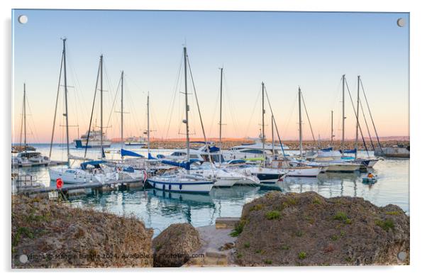 Sunset with Boats and Ferries at Mgarr Harbour, Gozo, Malta. Acrylic by Maggie Bajada
