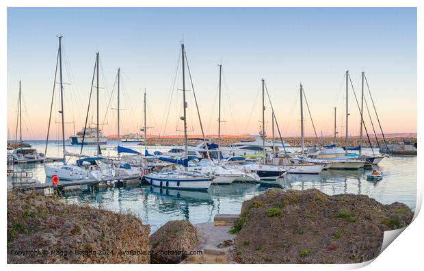 Sunset with Boats and Ferries at Mgarr Harbour, Gozo, Malta. Print by Maggie Bajada