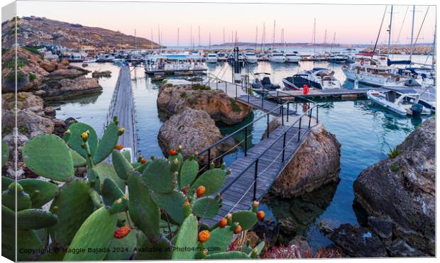 Sunset with Boats at Mgarr Harbour, Gozo, Malta. Canvas Print by Maggie Bajada