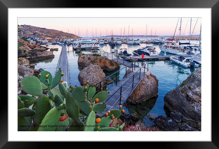 Sunset with Boats at Mgarr Harbour, Gozo, Malta. Framed Mounted Print by Maggie Bajada