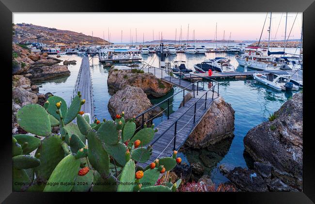 Sunset with Boats at Mgarr Harbour, Gozo, Malta. Framed Print by Maggie Bajada
