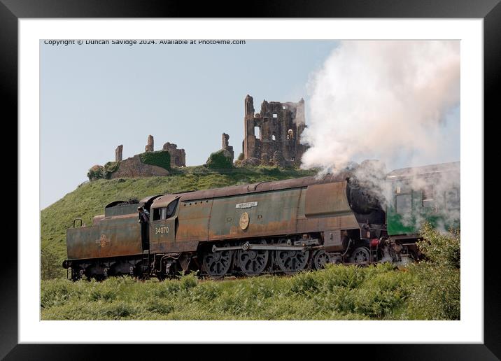 Rustic 34070 Manston steam train below Corfe Castle on the Swange Railway Framed Mounted Print by Duncan Savidge
