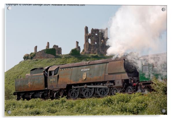 Rustic 34070 Manston steam train below Corfe Castle on the Swange Railway Acrylic by Duncan Savidge