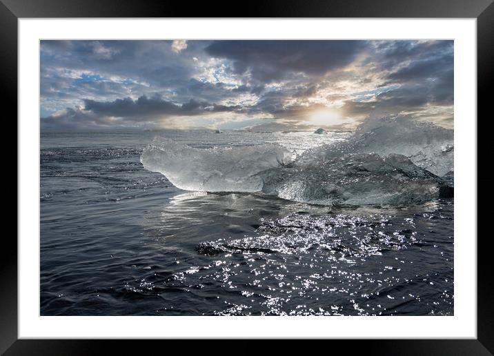 Diamond Beach Iceland Sand and Sea Framed Mounted Print by kathy white