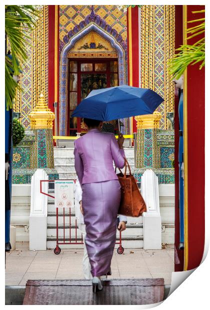 Thai Woman with Umbrella at Wat Ratchabophit Print by Kevin Hellon