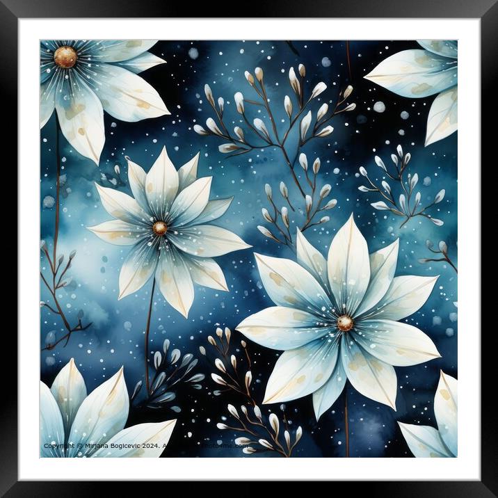 White Flowers Blue Seamless Pattern Framed Mounted Print by Mirjana Bogicevic