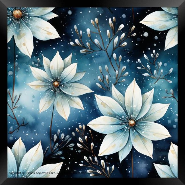 White Flowers Blue Seamless Pattern Framed Print by Mirjana Bogicevic