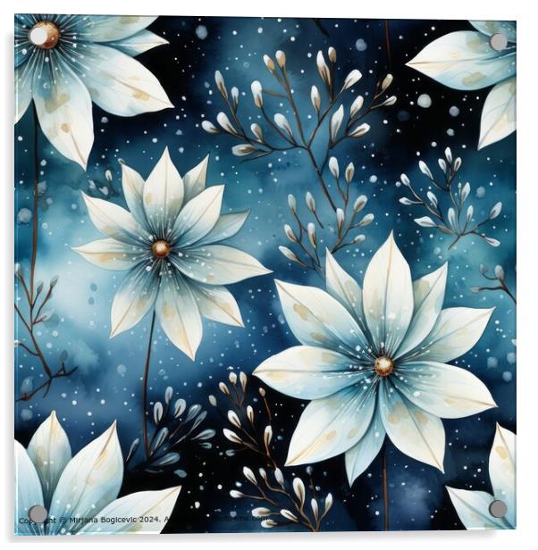 White Flowers Blue Seamless Pattern Acrylic by Mirjana Bogicevic