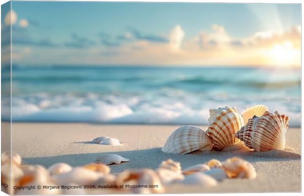 Seashells bask in the warmth of a setting sun, scattered across a sandy beach with gentle waves in the background Canvas Print by Mirjana Bogicevic