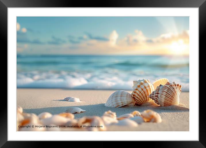 Seashells bask in the warmth of a setting sun, scattered across a sandy beach with gentle waves in the background Framed Mounted Print by Mirjana Bogicevic