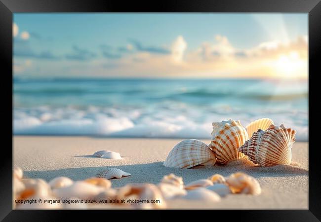 Seashells bask in the warmth of a setting sun, scattered across a sandy beach with gentle waves in the background Framed Print by Mirjana Bogicevic