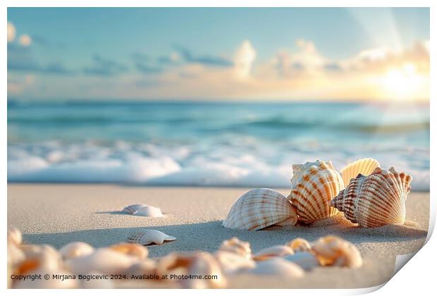 Seashells bask in the warmth of a setting sun, scattered across a sandy beach with gentle waves in the background Print by Mirjana Bogicevic