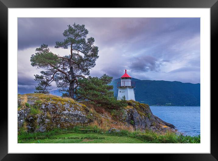 White Lighthouse with Lakes and Mountains, Norway. Framed Mounted Print by Maggie Bajada