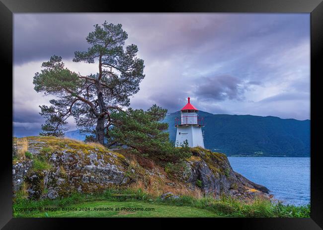 White Lighthouse with Lakes and Mountains, Norway. Framed Print by Maggie Bajada