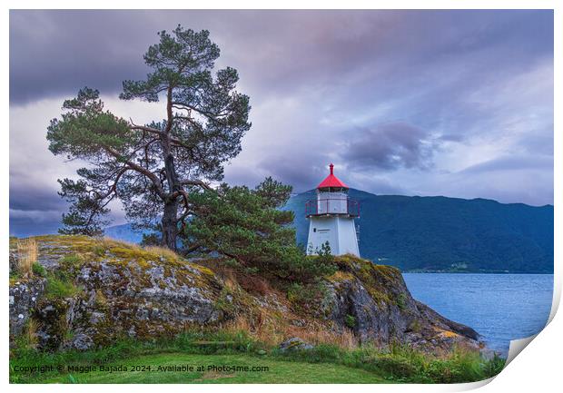 White Lighthouse with Lakes and Mountains, Norway. Print by Maggie Bajada