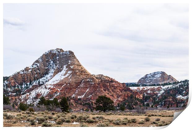 Majestic Snow-Capped Mountains in Kolob Terrace, Zion National Park Print by Madeleine Deaton