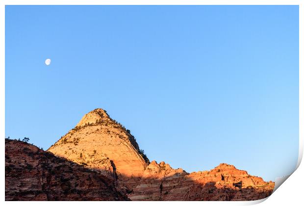 Sunrise Over Zion National Park Cliffs with Moon B Print by Madeleine Deaton