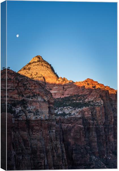 Sunrise Over Zion National Park Cliffs with Moon Background, Utah Canvas Print by Madeleine Deaton