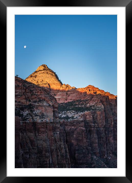 Sunrise Over Zion National Park Cliffs with Moon Background, Utah Framed Mounted Print by Madeleine Deaton