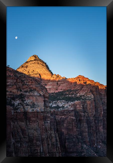 Sunrise Over Zion National Park Cliffs with Moon Background, Utah Framed Print by Madeleine Deaton