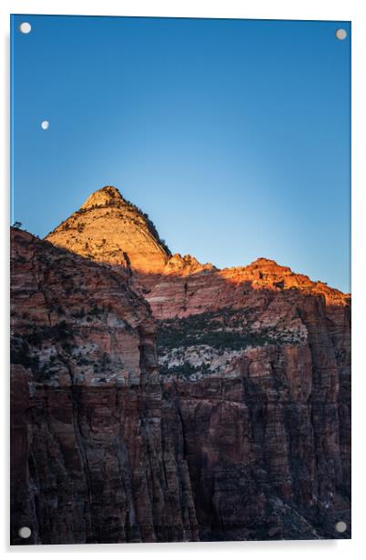 Sunrise Over Zion National Park Cliffs with Moon Background, Utah Acrylic by Madeleine Deaton