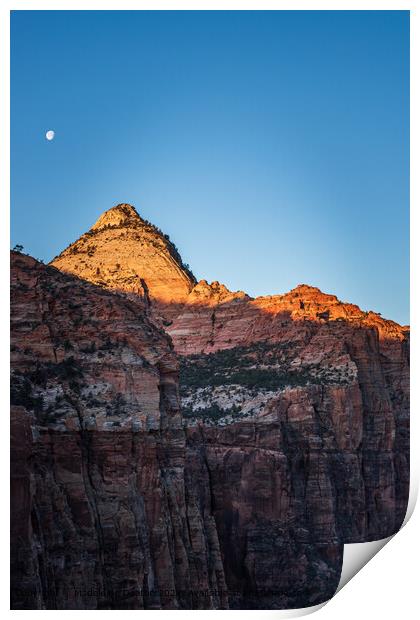 Sunrise Over Zion National Park Cliffs with Moon Background, Utah Print by Madeleine Deaton