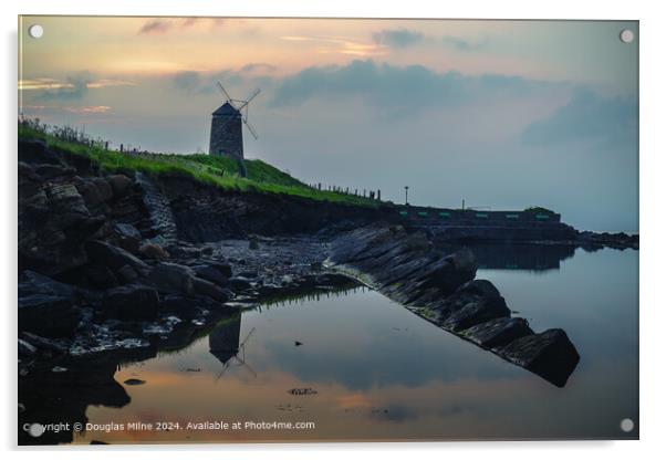 Sunrise Reflection: St Monans Windmill, Calm Bathing Pool Acrylic by Douglas Milne