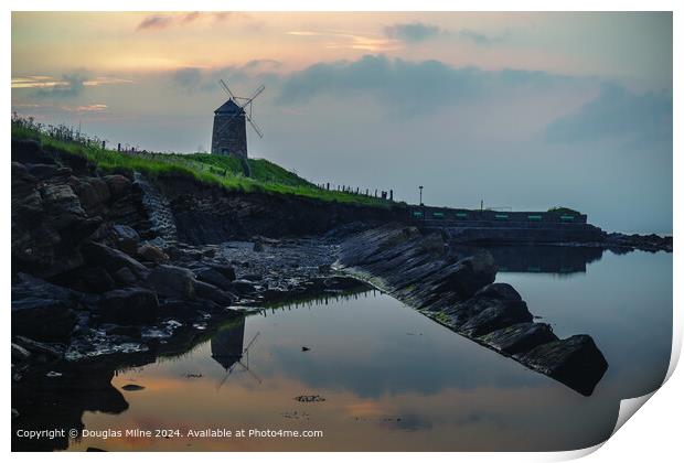 Sunrise Reflection: St Monans Windmill, Calm Bathing Pool Print by Douglas Milne