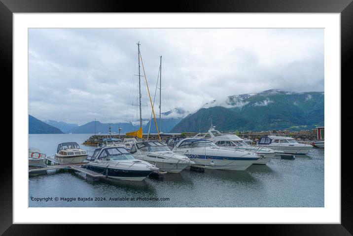 Tranquil Blue Waters with boats, Majestic Mountains - Norway Framed Mounted Print by Maggie Bajada