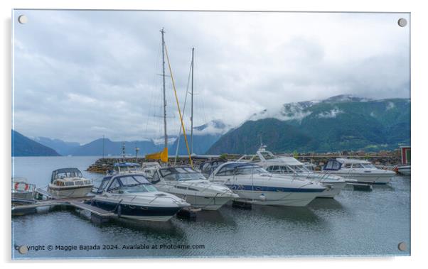 Tranquil Blue Waters with boats, Majestic Mountains - Norway Acrylic by Maggie Bajada