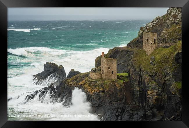 Coastal Sand, Sea, and Storm in Botallack, Cornwall Framed Print by Jason Thompson