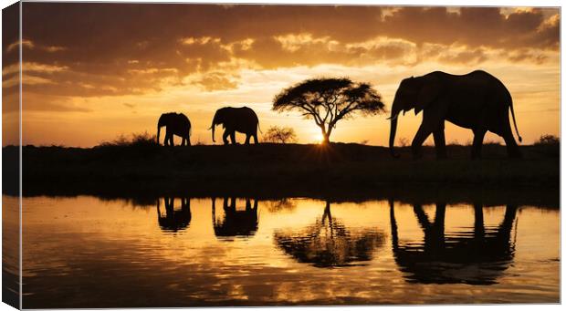 family of elephants at sunset Canvas Print by Guido Parmiggiani