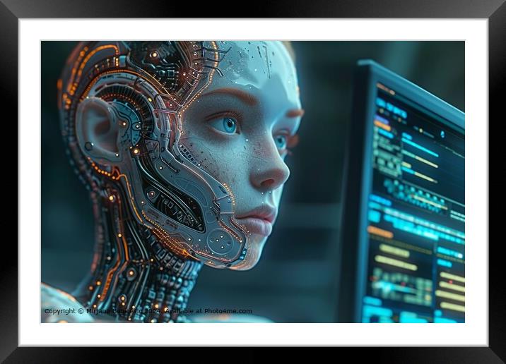 Hyper-realistic Android Contemplating Glowing Code Framed Mounted Print by Mirjana Bogicevic