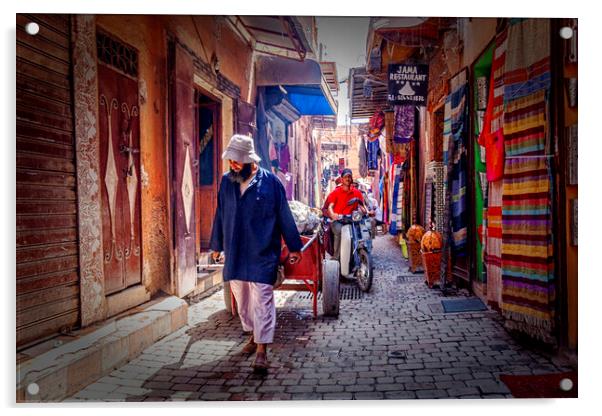 Marrakesh Man Pulling Cart Acrylic by Kevin Hellon